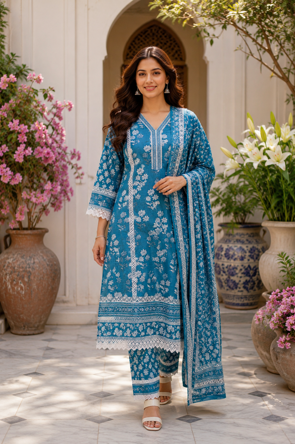 Premium Embroidered Cotton kurta Pant Set-Teal Blue