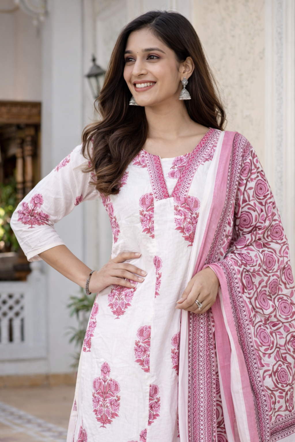 Cotton Printed Kurta , Palazzo and Dupatta-Pink