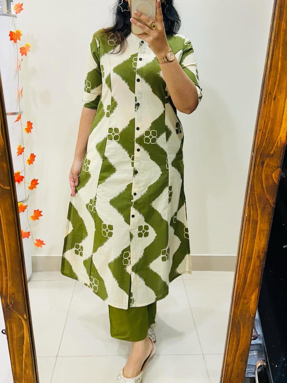 Cotton Printed Straight Kurta With Pant Set-Green