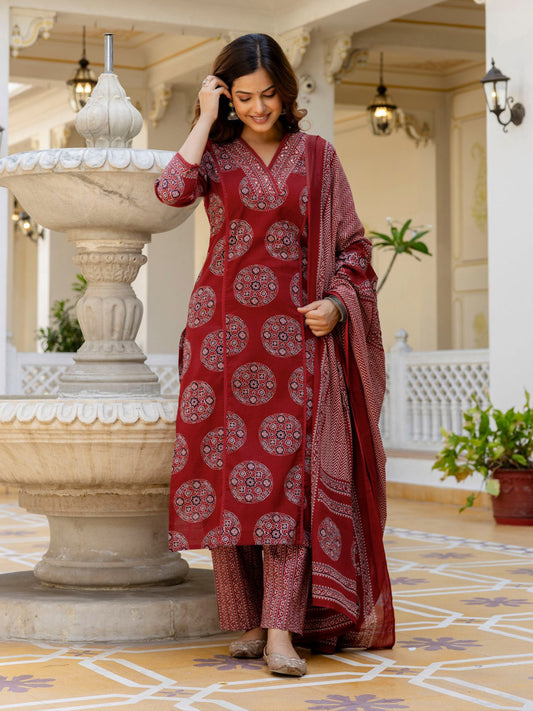 Cotton Printed Kurti with Pant and Dupatta-Maroon