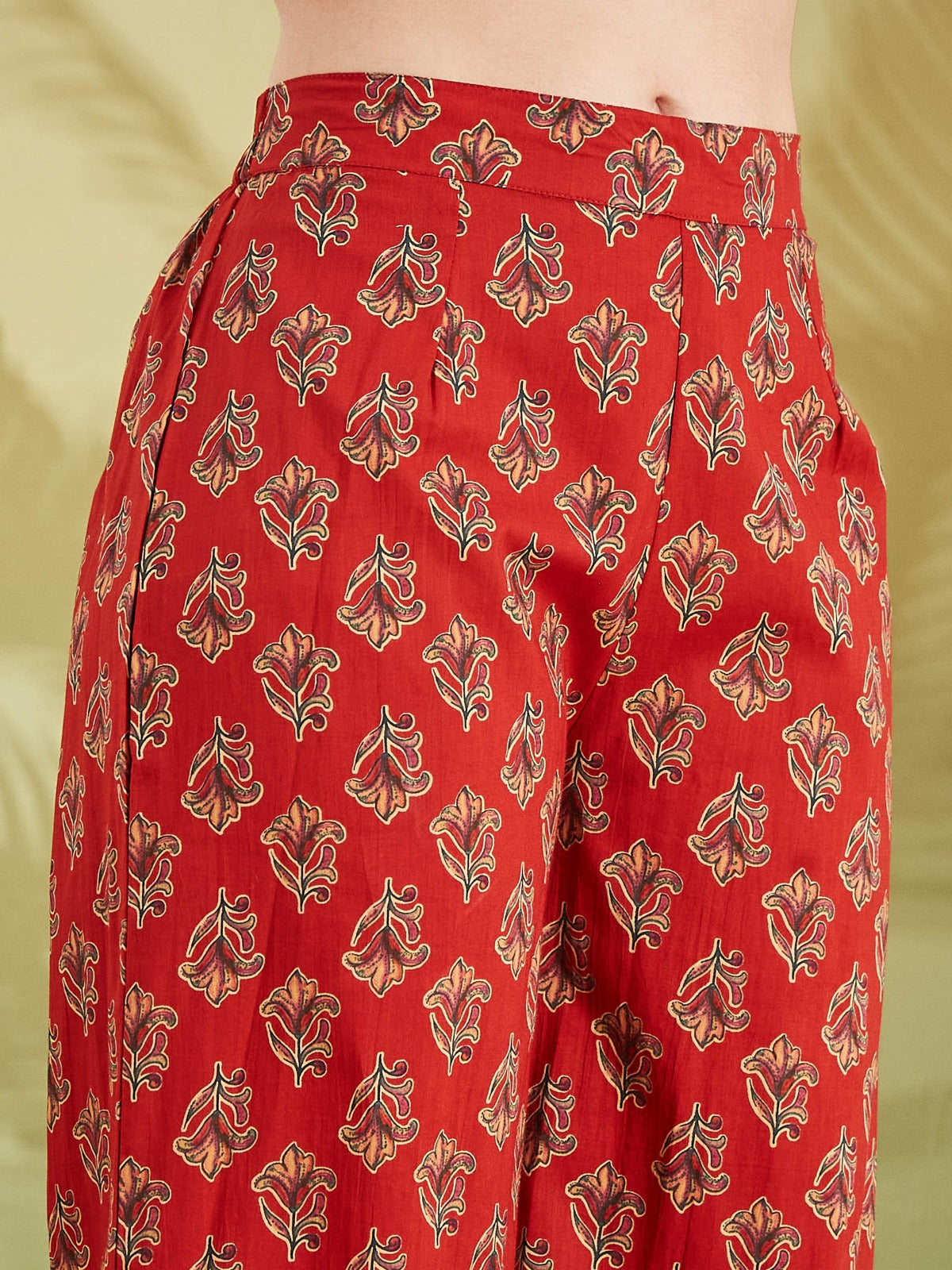 Floral Printed Pure Cotton A-line Anarkali Kurta With Pant-Red