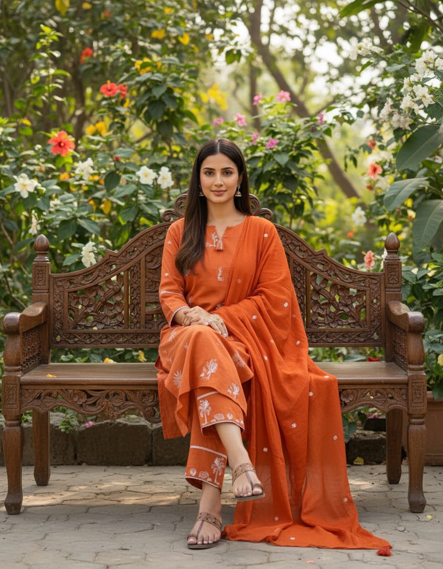 Cotton Embroidered Kurta with Pant and Dupatta set-Orange