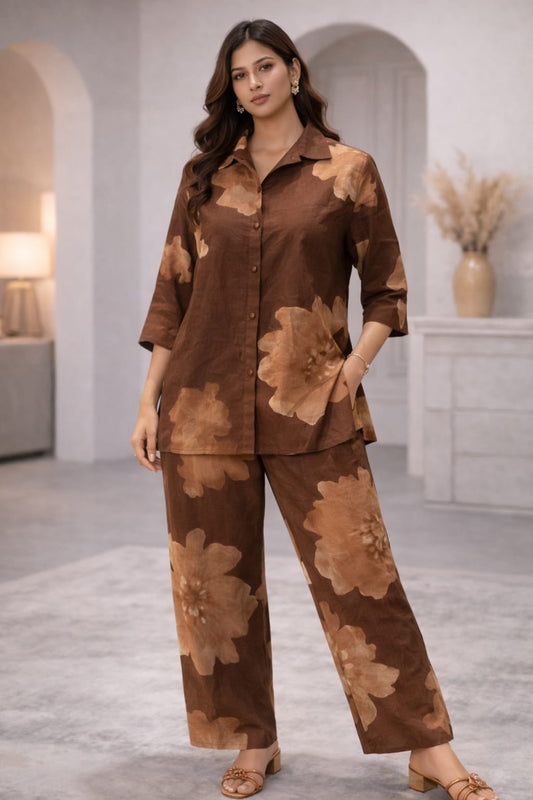 Cotton Printed Kurta with Pant Co-Ord Sets-Brown
