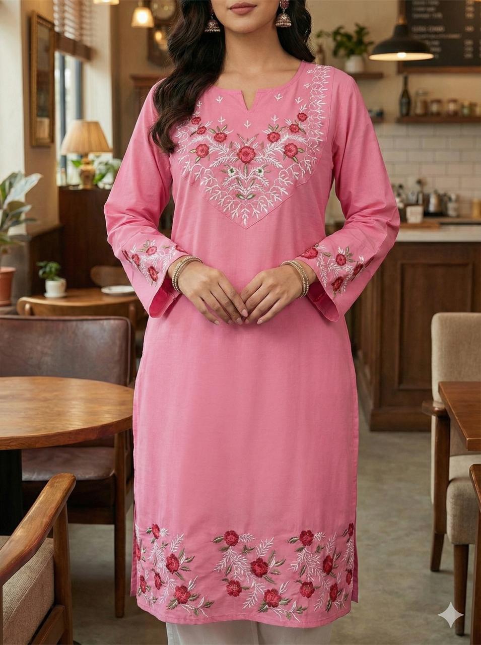 Cotton Embroidered straight Kurta Pant-Pink