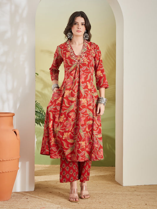 Floral Printed Pure Cotton A-line Anarkali Kurta With Pant-Red