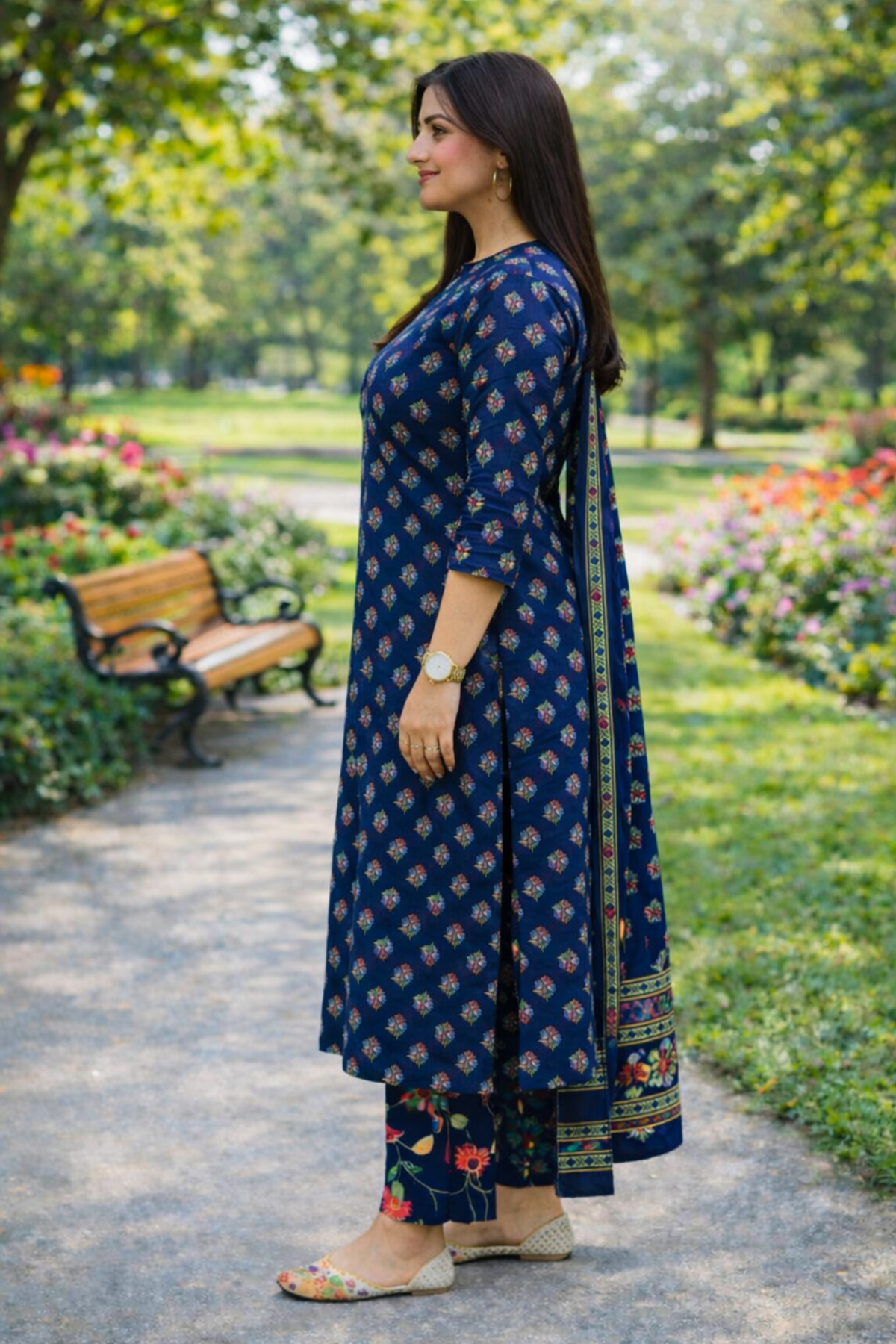 Azrakh Printed Cotton Kurta, Pant with Dupatta Set - Blue